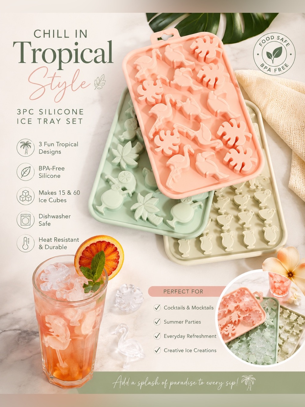 CWC Mojito‎ 3-Piece Silicone Tropical Ice Tray Set BPA-Free NWT